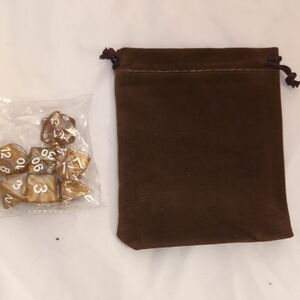 Brown Velvet Dice Bag with Gold Swirl Dice Set